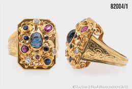 Goldring 585er GG, mit Saphire ca. 1,70 ct, Rubine ca. 0,45 ct, Brillanten ca. 0,15 ct, ...