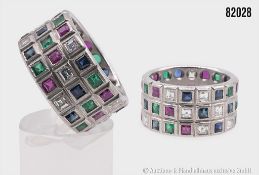 Goldring 750 WG, mit 12 Rubine ca. 1 ct, 12 Saphire ca. 1,0 ct, 12 Smaragde ca. 0,7 ct ...