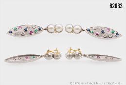 Ohrringe 750 WG, Steckerclips, mit 4 Akoya Zuchtperlen, 6 Saphire ca. 1,25 ct, 4 ...