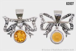 Schleifenbrosche, Silber mit Gold, 31 Diamanten ca. 0,8 ct, ws-pi und 1 Citrin, ca. 2 ...