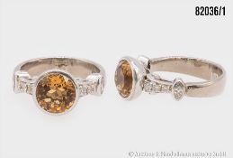 Goldring 750 WG, mit 6 Brillanten ca. 0,3 ct, 2 Diamanten ca. 0,2 ct, w-si und Citrin ...