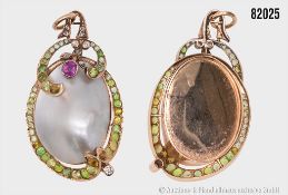 Anhänger 585 Rotgold, mit Perlmutt, 10 Diamanten ca. 0,35 ct, w-p, 1 Rubin ca. 0,8 ct ...