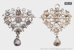 Silberbrosche, mit Diamantrosen, ca. 1,0 ct, B ca. 3 cm, H ca. 4 ...