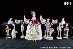 Konv. 13 Hollohazy Figuren, Ungarn, Porzellan, polychrome Bemalung, dabei Barocke Dame, ...