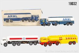 3 Kunststoffmodelle Tanklaster, 2x Moplas, Aral, Shell und Esso (Nr. 178), L bis 21,5 ...