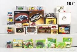 Konv. Modellfahrzeuge und Elastolin Tiere, dabei Italeri, Norev, Wiking, Brekina usw., ...