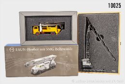3 Conrad Modellfahrzeuge, Fahrbarer Turmdrehkran, 1043 Mercedes und Faun-Hauber mit SMG ...