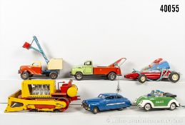 Konv. Fahrzeuge, Blech, dabei Gescha, Gama, JNF usw., L bis 24 cm, 2x Fernlenkung, ...