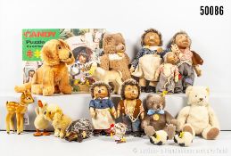 Konv. Steiff Tiere und Meckis, Mohair/ Samt Wolle, dazu Kleidung, teils KF und Fahne, ...