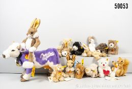 Steiff Kuscheltiere, Webpelz, überwiegend KFS, teils blanker Knopf, dabei Milka Kuh Nr. ...