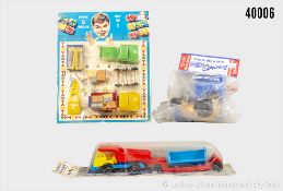 3 Modellfahrzeugsets, Götz Krupp Muldenkipper MK30, Jean Plastic "Make 5 Trucks out of ...