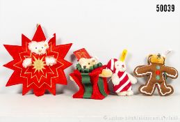 4 Steiff Teddys Ornament Christbaumanhänger, Mohair/ Filz, alle KF, Nr. 037764, 670558, ...