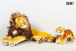 Steiff Replika Löwe Leo und Tiger, Mohair, Tiger mit blankem Knopf, beide mit Schild, ...