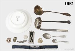 Konv. Verschiedenes, u.a. Kantinenteller der Luftwaffe 1939, 2 Suppenkellen, 2 Löffel, ...