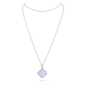 Magic Alhambra Style Long Necklace In Rhodium Plated 18k White Gold With Chalcedony