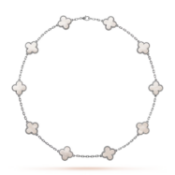 Vintage Alhambra Style Necklace In Rhodium Plated 18k White Gold With White Mother-of-pearl