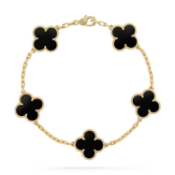 Vintage Alhambra Style Bracelet, 5 Motifs, 18k Yellow Gold, Onyx