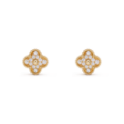 Vintage Alhambra Style Earrings In 18k Yellow Gold Featuring Round Diamonds.