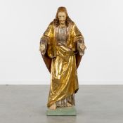Jesus Christ, a Large Wood-Sculptured Statue, Patinated and Gilded Wood, Gothic Revival.