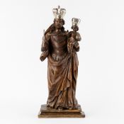 Crowned Madonna and Child, Sculptured Oak, Mounted with Silver Crowns and Scepter, 17th C. Silver, 1