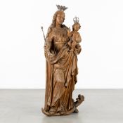 Crowned Madonna with Child, Crescent Moon and Devil, Wood-Sculptured, Silver Crowns and Scepter, 17t
