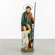 Saint Joseph with the Child Jesus, a Polychrome Patinated Plaster Statue. Gothic Revival.