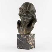 Richard Aurili (1864-1943) 'Bust of Christ with Crown of Thorns', patinated plaster, on a marble bas