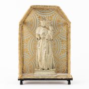 Saint Anthony of Padua, a Wood-Sculptured and Patinated Statue in a Glass Shrine.