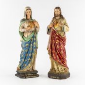 Jesus Christ with the Sacred Heart and the Virgin Mary with the Immaculate Heart, two patinated plas