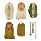 Lithurgical Vestments: Five chasubles, Copes and Roman chasubles, made of thick gold thread, brocade