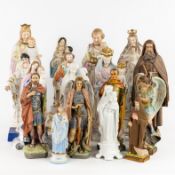 A Collection of 17 saint statues, porcelain and biscuit porcelain, patinated stoneware and plaster.