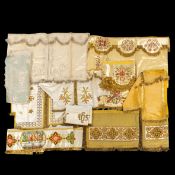 Liturgical vestments: altar veil, conopeum and canopy, embroidery and heavy gold brocade, painted de