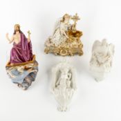 Four holy water fonts, polychrome and blanc-de-blanc porcelain and biscuit porcelain.