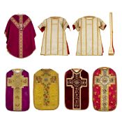 Lithurgical Vestments: A collection of 7 chasubles and dalmatics, made of thick gold brocade and fea
