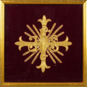 Lithurgical Vestments: A frame with a large applique, embroidery and gold brocade, with an IHS monog