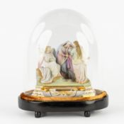 Mary Magdalene at the Empty Tomb, a biscuit porcelain holy water font, mounted under a glass dome.