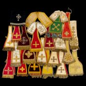 Liturgical vestments: 19 maniples, a chalice veil and 3 ciborium veils. Brocade and embroidery, lace