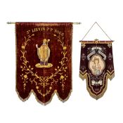 Two antique banners, finished with embroidery: “Saint Lievin” & “Genootschap Der Kindsheid, Kiel”. (