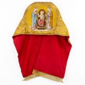 A Humeral Veil, Thick gold and silver thread embroideries with an image of the Holy Family.
