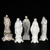 Five porcelain saint statues, 'Madonna with Child' and 'Saint Joseph', Vieux Bruxelles, Andenne and 
