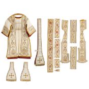 Liturgical vestments: A dalmatic with matching stole and maniple. Added are some components.