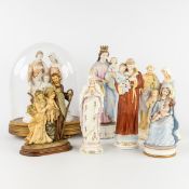 A Collection of 7 saint statues, Holy Family, Anthony of Padua, and others. Resin, porcelain, and bi