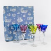 Saint Louis, Camargue, a set of 6 wine glasses in a storage box, coloured and cut glass.