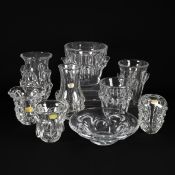 Val Saint Lambert, a collection of 9 pieces of clear crystal, with 8 vases and a bowl.
