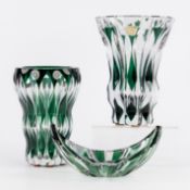 Val Saint Lambert, two vases and a small bowl, cut and green-coloured crystal.