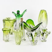 Val Saint Lambert, a collection of 9 pieces of green-coloured crystal, with 5 vases, 2 candlesticks,
