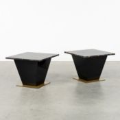 A Pair of side tables or coffee tables, Portoro marble and patinated metal. Art Deco style.