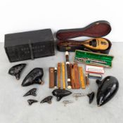 A Collection of musical instruments, with Napoli Dco Brambilla mandolin, flutes, harmonicas, and an 