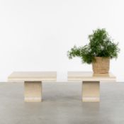 A Pair of square side tables or coffee tables, with decorative rim, travertine. Circa 1980-1990. (69