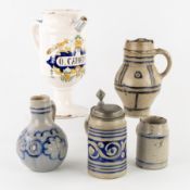 An Delftware apothecary jug 'O. Camoemeli' (19th century) and four Westerwald stoneware jugs (18th/1